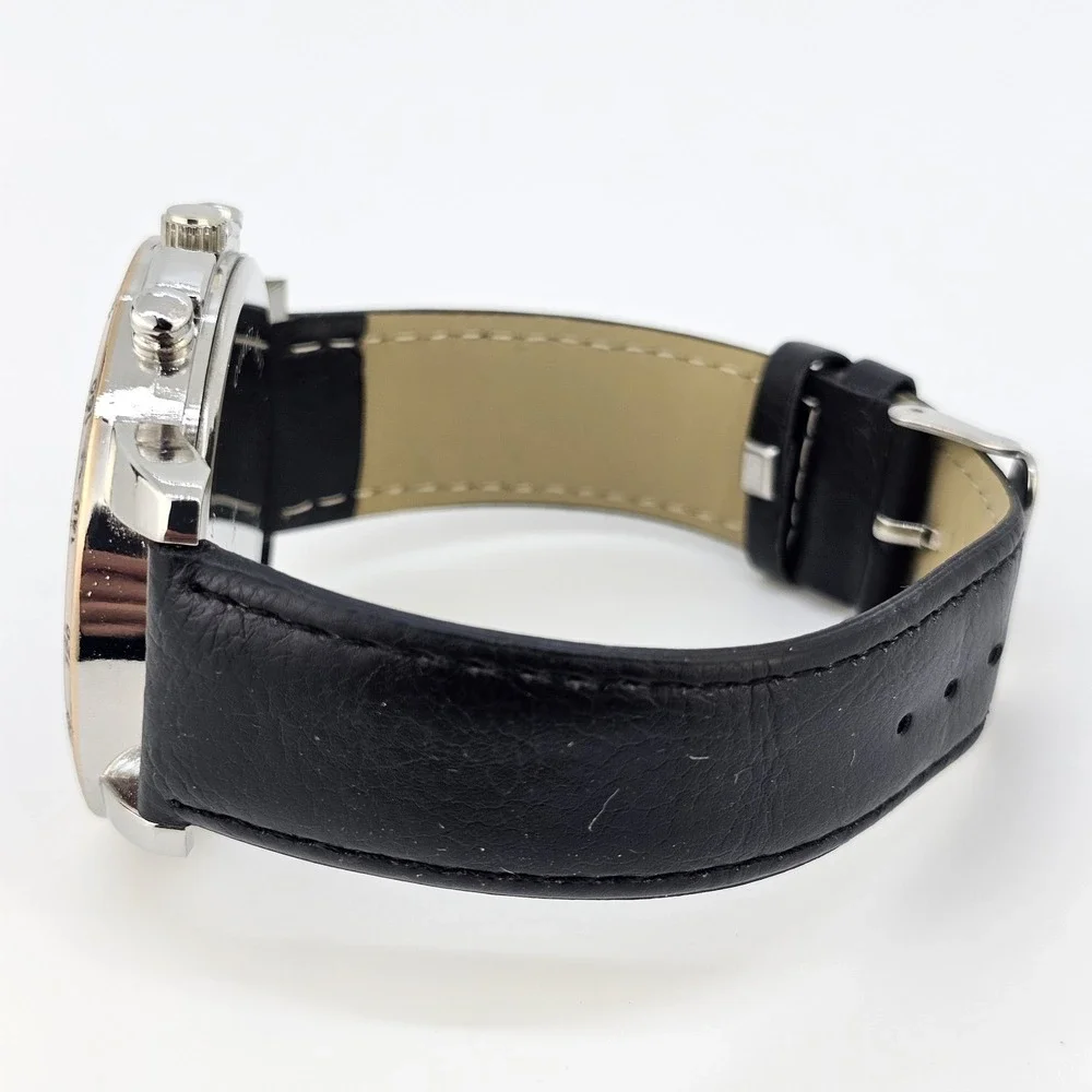 48MM Men's Analog Watch Black Dial Black Faux Leather Bands New‎ Battery